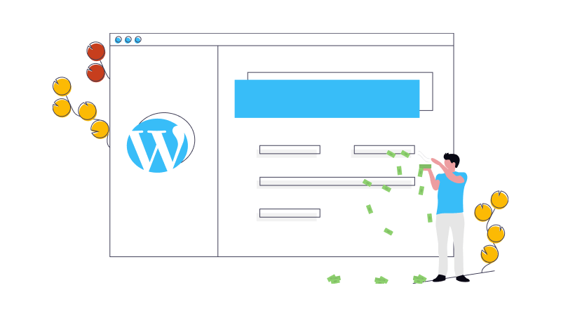 WordPress weboldal a böngészőben és szálló bankjegyek, a weboldal készítés árát szemléltetve